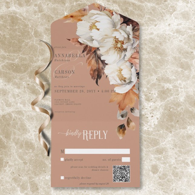 Rustikales Rost & Cream Fall Blüte & Blätter QR Co All In One Einladung (Rustic Rust & Cream Fall Floral & Leaves QR Code All In One Invitation)