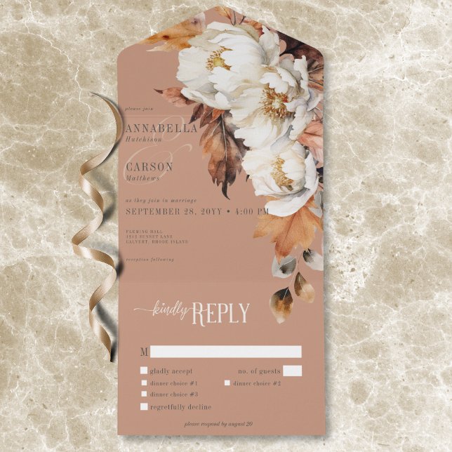 Rustikales Rost & Cream Fall Floral & Blätter Aben All In One Einladung (Rustic Rust & Cream Fall Floral & Leaves Dinner All In One Invitation)