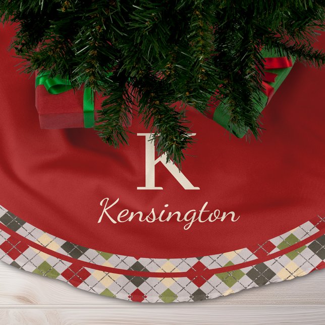 Rustikales Rot Grün Argyle Weihnachtsmonogramm Polyester Weihnachtsbaumdecke (Rustic Red Green Argyle Christmas Monogram Brushed Polyester Tree Skirt)