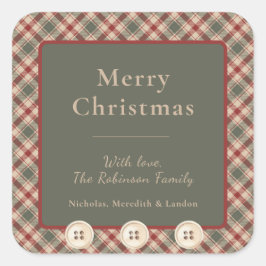 Rustikales Rot, Grün und Tan Karierter Weihnachtsa Quadratischer Aufkleber