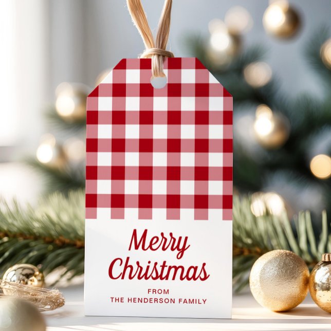 Rustikales Rot Kariert Frohe Weihnachten Geschenkanhänger (Rustic Red Checkered Plaid Script Christmas Gift Tags)
