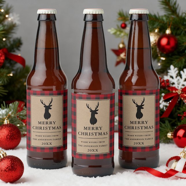 Rustikales Rot Kariert Frohe WeihnachtsKraft Bierflaschenetikett (Customize to change text size or text style.)