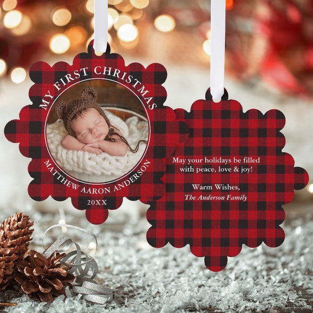 Rustikales Rot Kariert mein erstes WeihnachtsFoto Ornament Karte (A greeting card that is also an ornament! Customize with your photo and personalized text.)