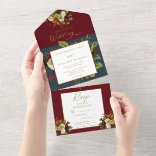 Rustikales Rot Orange Floral Bouquet Aquamarin W All In One Einladung