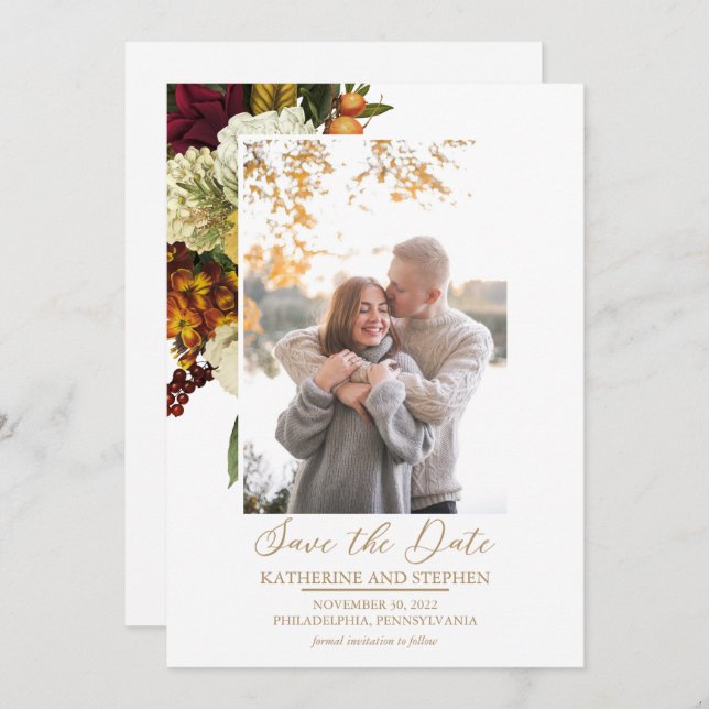 Rustikales Rot | Orange Floral Bouquet Foto White Save The Date (Vorne/Hinten)