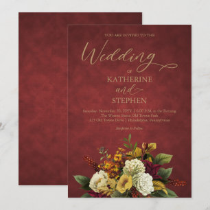 Rustikales Rot Orange Gold Floral Bouquet Wedd Einladung