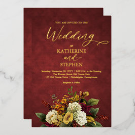 Rustikales Rot | Orange | Gold Floral Bouquet Wedd Folieneinladung