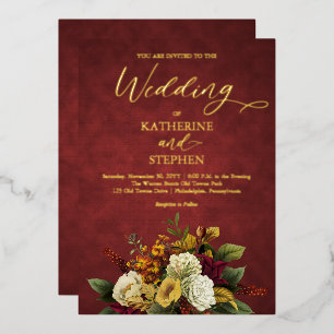 Rustikales Rot Orange Gold Floral Bouquet Wedd Folieneinladung