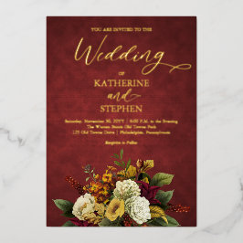 Rustikales Rot | Orange | Gold Floral Bouquet Wedd Folieneinladung