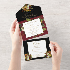 Rustikales Rot | Orangefarbenes Bouquet Hochzeit All In One Einladung