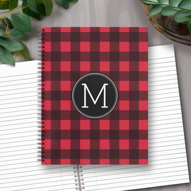 Rustikales Rot-Schwarz-Buffalo-Kariertes Muster Mo Notizbuch (Personalized Notebook - Red and Black Buffalo Plaid with Monogram)