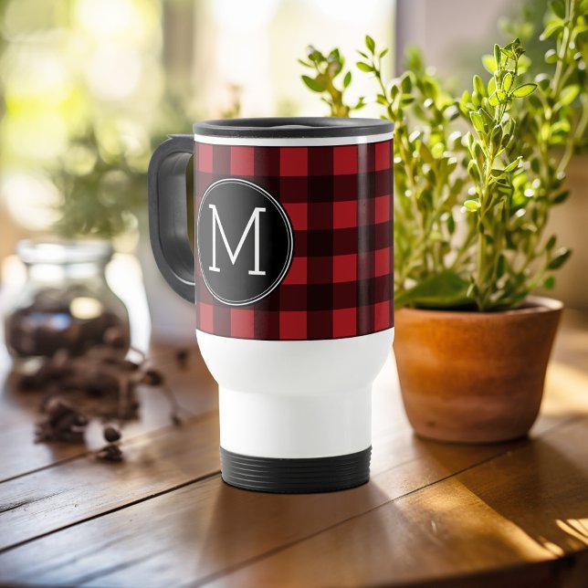 Rustikales Rot-Schwarz-Buffalo-Kariertes Muster Mo Reisebecher (Personalized travel mug - add photos and text or customize completely)