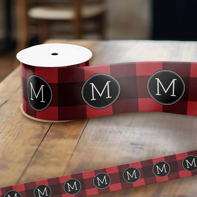 Rustikales Rot-Schwarz-Buffalo-Kariertes Muster Mo Ripsband (Custom Monogram Ribbon)