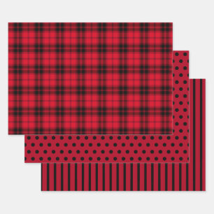 Rustikales Rot-Schwarz-Buffalo-Karo-Punkte-Streife Geschenkpapier Set