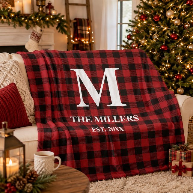 Rustikales Rot-Schwarz-Büffel-Karo-Monogramm  Fleecedecke (Rustic Red and Black Buffalo Plaid Monogram Fleece Blanket)