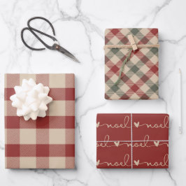 Rustikales Rot-, Tan- und Grünes Weihnachtswackelp Geschenkpapier Set