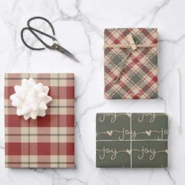 Rustikales Rot-, Tan- und Grünes Weihnachtswackelp Geschenkpapier Set