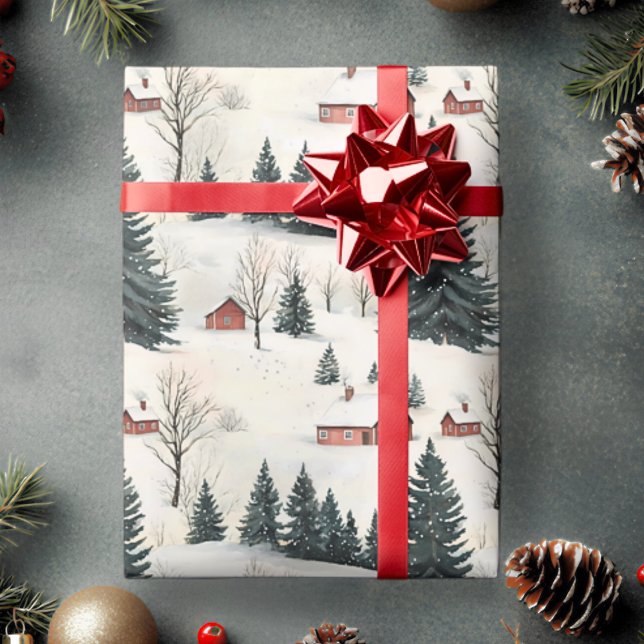 Rustikales Rot- und Weißschneedorf Geschenkpapier (Rustic Woodland Village Christmas Wrapping Paper)