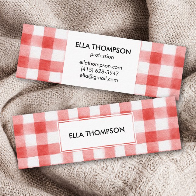 Rustikales Rot Wasserfarbe Gingham Minimalistisch Mini Visitenkarte (Von Creator hochgeladen)