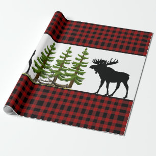 Rustikales Rotbuffalo-Karo mit Elchsilhouette Geschenkpapier