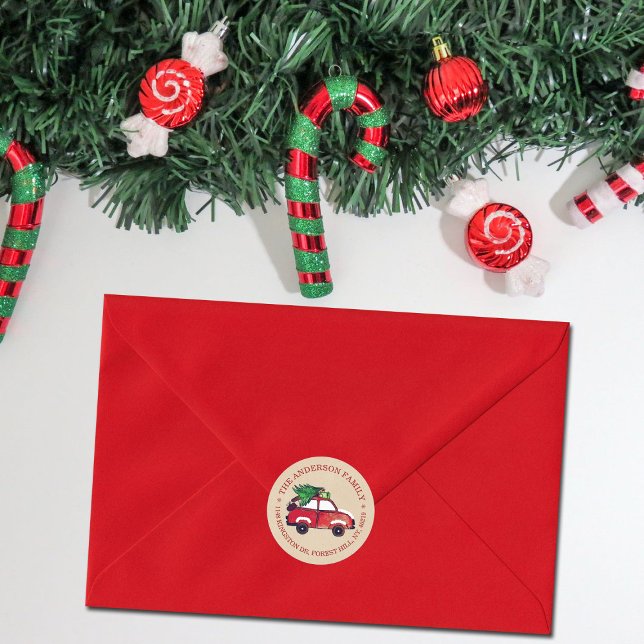 Rustikales Rotes Auto Festliche Weihnachtsfeier Rü Runder Aufkleber (Von Creator hochgeladen)