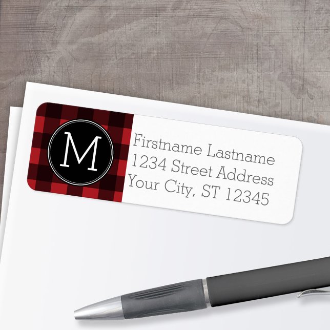 Rustikales rotes Buffalo Kariertes Muster Monogram (Custom Return Address Labels - Low Minimum)