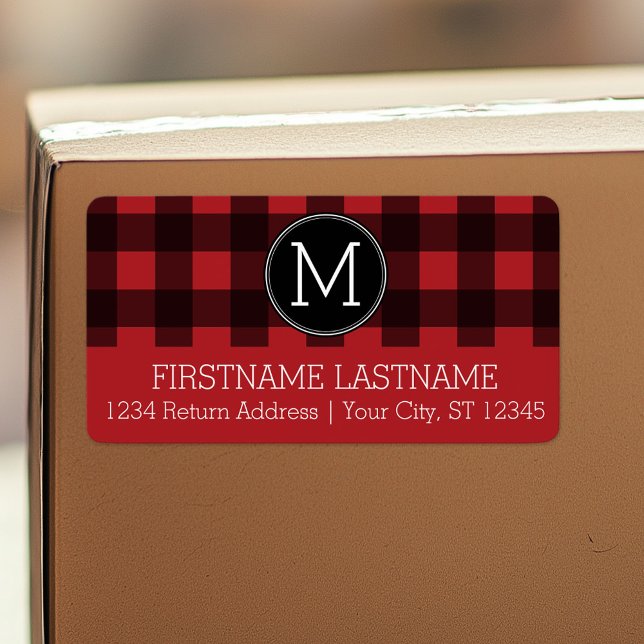 Rustikales rotes Buffalo Kariertes Muster Monogram Adressaufkleber (Personalized return address label)
