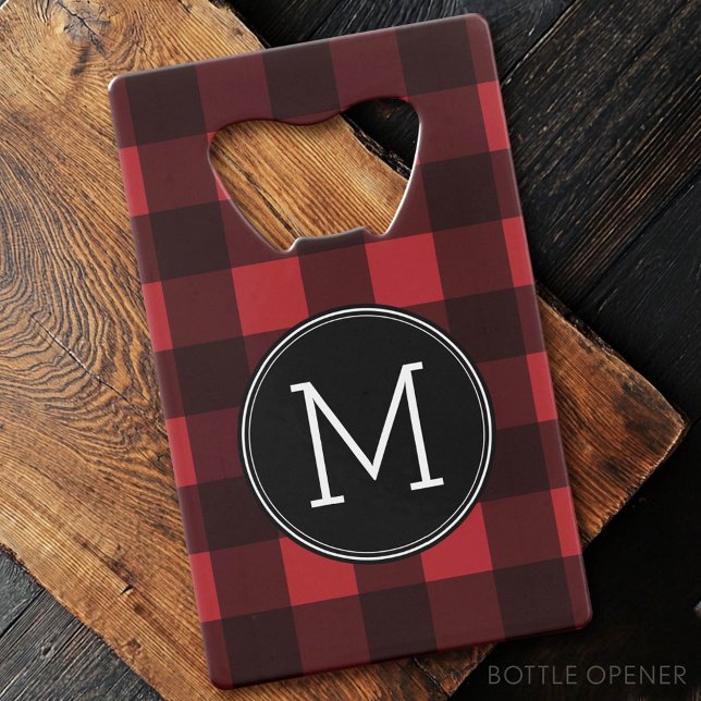 Rustikales rotes Buffalo Kariertes Muster Monogram Geldbeutel Flaschenöffner (Custom Bottle Opener)