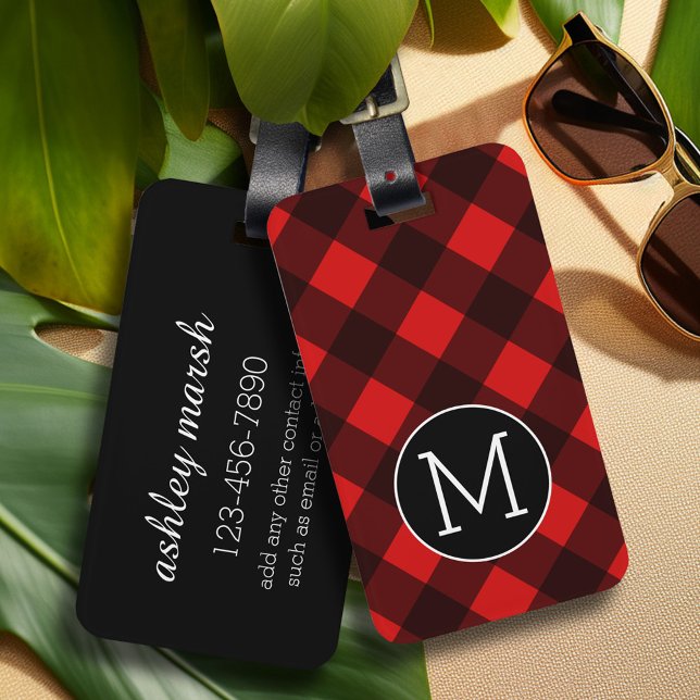 Rustikales rotes Buffalo Kariertes Muster Monogram Gepäckanhänger (Personalized luggage tag - Add Your contact information and monogram)