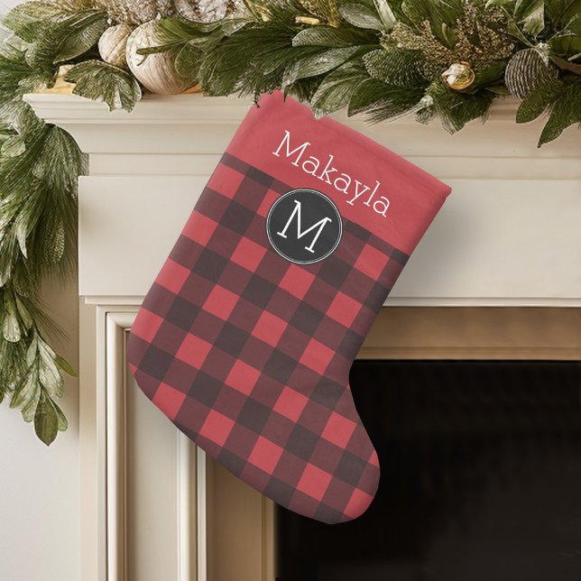 Rustikales rotes Buffalo Kariertes Muster Monogram Kleiner Weihnachtsstrumpf (Personalized Christmas Stocking - buffalo plaid)