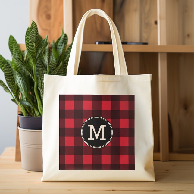Rustikales rotes Buffalo Kariertes Muster Monogram Tragetasche (Personalized tote bag with monogram)