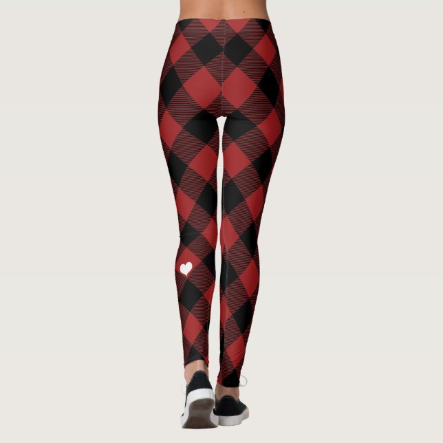 Rustikales Rotes Buffalo Kariertes Weißes Herz Leggings (Rückseite)