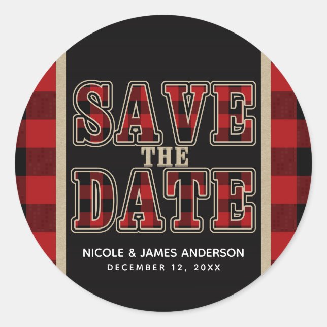 Rustikales Rotes Buffalo Save the Date Kariert Runder Aufkleber (Vorderseite)