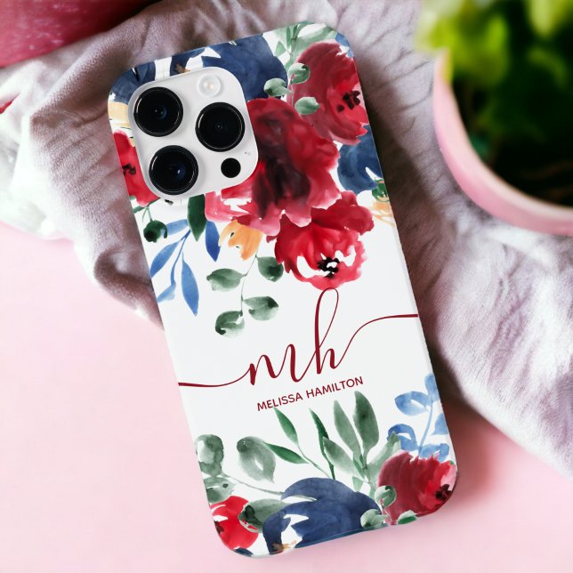 Rustikales, rotes, elegantes, florales Aquarellmon Case-Mate iPhone Hülle (Rustic red blue elegant floral watercolor monogram Case-Mate iPhone case)