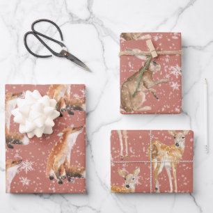 Rustikales rotes elegantes Schneewinter-Tiere Geschenkpapier Set