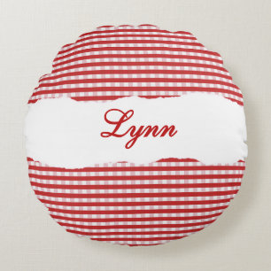 Rustikales rotes Gingham mit personalisiertem Name Rundes Kissen
