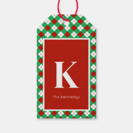 Rustikales Rotes Grün/Weiß Kariertes Monogramm Geschenkanhänger