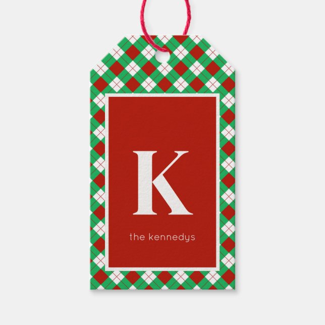 Rustikales Rotes Grün/Weiß Kariertes Monogramm Geschenkanhänger (Vorderseite)