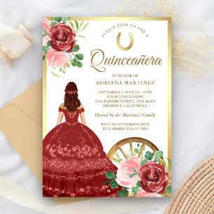 Rustikales Rotes Kleid Charro Gold Quinceanera Einladung