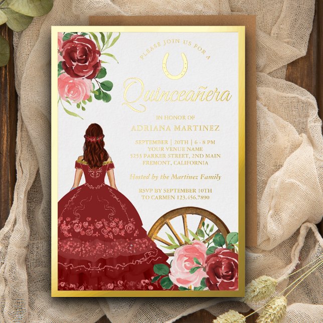 Rustikales Rotes Kleid Charro Quinceanera Gold Folieneinladung (Von Creator hochgeladen)