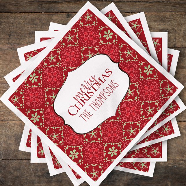 Rustikales Rotes Schneeflottchen Weihnachten Serviette (Classic red snowflake Merry Christmas holiday party design.)