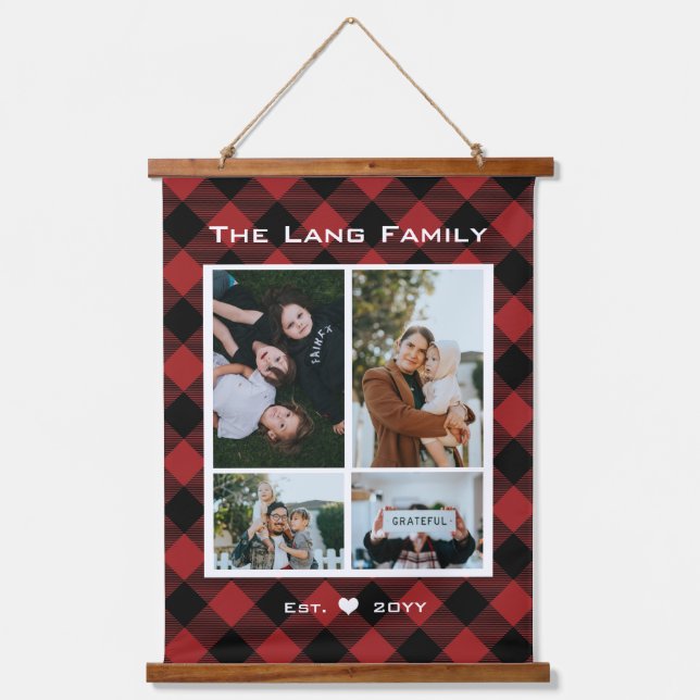 Rustikales Rotes Schwarzes Buffalo Muster Holz Wandteppich Mit Holzrahmen (Vorderseite)