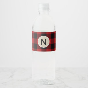 Rustikales rotes schwarzes Karo-Kraft-Monogramm-Pa Wasserflaschenetikett