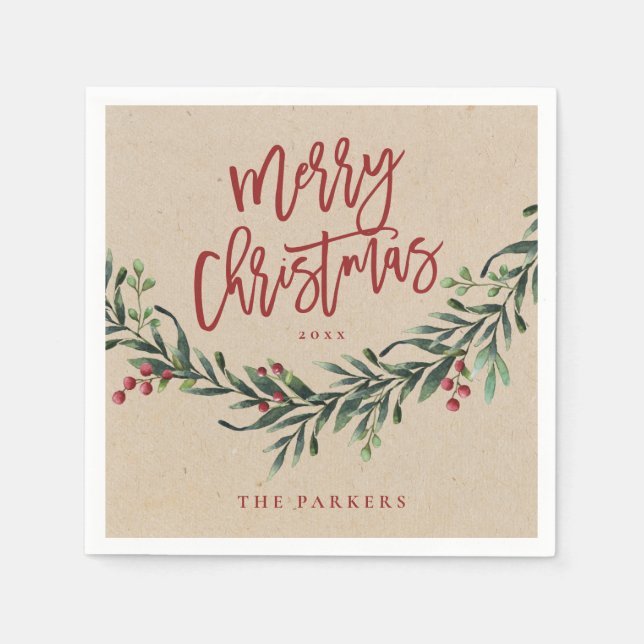 Rustikales Rotes Skript Frohe Weihnachtsgrün Serviette (Vorderseite)