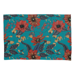 Rustikales rotes und Aquamarines Blumenmuster Kissenbezug