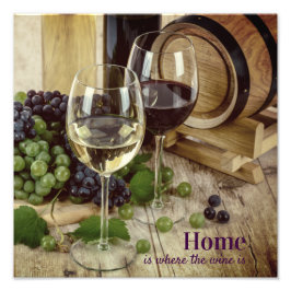 Rustikales Rotes und Weißes Weinglas Trauben Fass Fotodruck