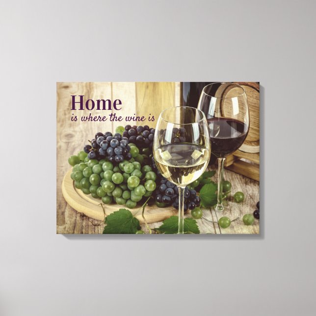 Rustikales Rotes und Weißes Weinglas Trauben Fass Leinwanddruck (Vorderseite)