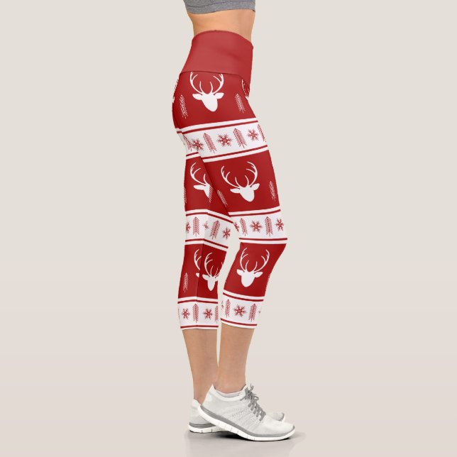 Rustikales Rotes Weißes Rentier Schneeflocken Weih Capri Leggings (Rechts)
