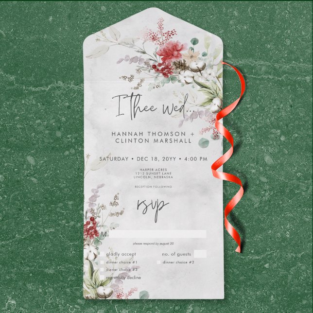 Rustikales Rotes Winter Berries & Boho Cotton Cott All In One Einladung (Rustic Red Winter Berries & Boho Cotton Dinner All In One Invitation)