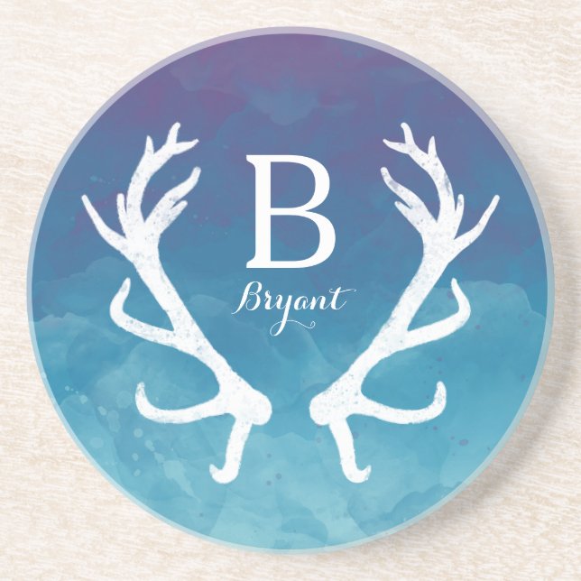 Rustikales Rotwild-Geweih-Monogramm-Blau-Aquarell Sandstein Untersetzer (Vorne)